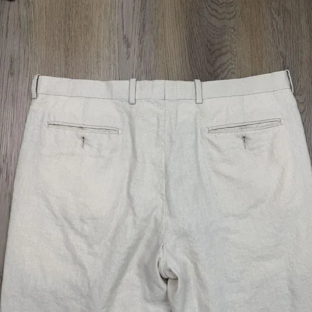 Brioni Dress Pants Mens 38 Beige Linen Flat Front Belted Straight Leg Italy